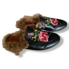 Load image into Gallery viewer, Gucci Princetown Horsebit Mules with Floral Embroidery & Fur Lining