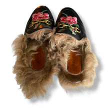 Load image into Gallery viewer, Gucci Princetown Horsebit Mules with Floral Embroidery & Fur Lining