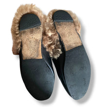 Load image into Gallery viewer, Gucci Princetown Horsebit Mules with Floral Embroidery & Fur Lining