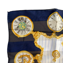 Load image into Gallery viewer, Vintage Nina Ricci Paris Silk “Pocket Watch” Scarf, Navy & Gold