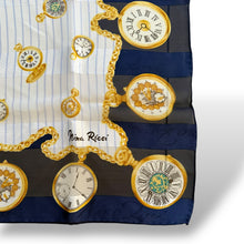 Load image into Gallery viewer, Vintage Nina Ricci Paris Silk “Pocket Watch” Scarf, Navy & Gold