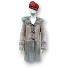 Load image into Gallery viewer, Vintage Taupe Sheepskin Suede Coat with Oversized Fur Hood