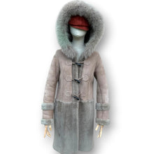 Load image into Gallery viewer, Vintage Taupe Sheepskin Suede Coat with Oversized Fur Hood
