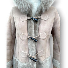Load image into Gallery viewer, Vintage Taupe Sheepskin Suede Coat with Oversized Fur Hood