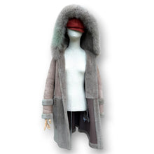 Load image into Gallery viewer, Vintage Taupe Sheepskin Suede Coat with Oversized Fur Hood