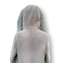 Load image into Gallery viewer, Vintage Taupe Sheepskin Suede Coat with Oversized Fur Hood