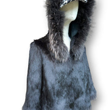 Load image into Gallery viewer, Vintage Black Rabbit Fur Hooded Jacket with Fox Fur Trim