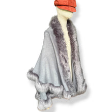 Load image into Gallery viewer, Silver Grey Faux Fur Trim Cape Poncho