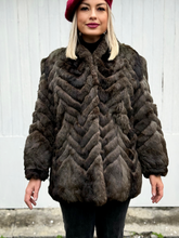 Load image into Gallery viewer, Chevron-Patterned Rabbit Fur Coat with Mossy Undertones