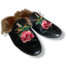 Load image into Gallery viewer, Gucci Princetown Horsebit Mules with Floral Embroidery &amp; Fur Lining
