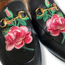 Load image into Gallery viewer, Gucci Princetown Horsebit Mules with Floral Embroidery &amp; Fur Lining
