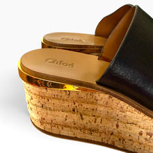 Load image into Gallery viewer, Chloé “Camille” Black Leather Cork Platform Wedges – Size 39
