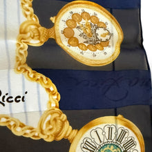 Load image into Gallery viewer, Vintage Nina Ricci Paris Silk “Pocket Watch” Scarf, Navy &amp; Gold

