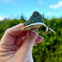 Load image into Gallery viewer, Vintage Sailfish Brooch with Green Stone Chip Inlay, c. 1960s–1980s

