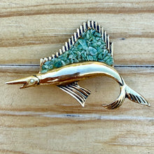 Load image into Gallery viewer, Vintage Sailfish Brooch with Green Stone Chip Inlay, c. 1960s–1980s

