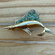 Load image into Gallery viewer, Vintage Sailfish Brooch with Green Stone Chip Inlay, c. 1960s–1980s
