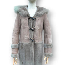 Load image into Gallery viewer, Vintage Taupe Sheepskin Suede Coat with Oversized Fur Hood
