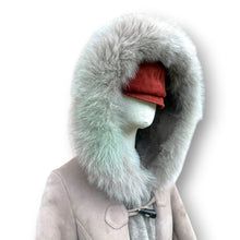 Load image into Gallery viewer, Vintage Taupe Sheepskin Suede Coat with Oversized Fur Hood
