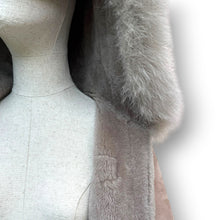 Load image into Gallery viewer, Vintage Taupe Sheepskin Suede Coat with Oversized Fur Hood

