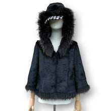 Load image into Gallery viewer, Vintage Black Rabbit Fur Hooded Jacket with Fox Fur Trim
