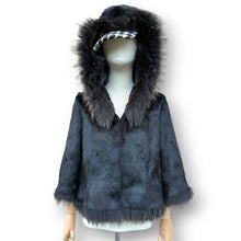 Load image into Gallery viewer, Vintage Black Rabbit Fur Hooded Jacket with Fox Fur Trim
