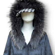 Load image into Gallery viewer, Vintage Black Rabbit Fur Hooded Jacket with Fox Fur Trim

