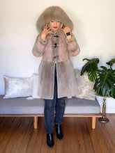 Load image into Gallery viewer, Vintage Taupe Sheepskin Suede Coat with Oversized Fur Hood

