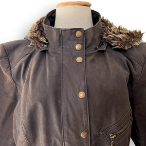 Vintage Brown Leather Anorak with Faux Fur Trim