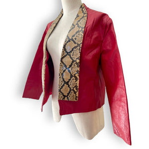 Vintage Cherry Red Leather Jacket with Snakeskin Trim