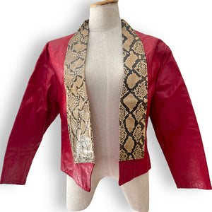 Vintage Cherry Red Leather Jacket with Snakeskin Trim