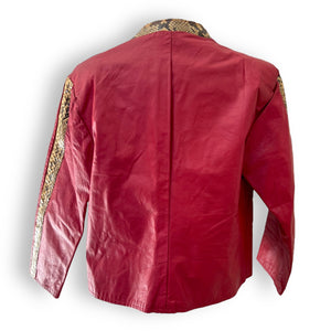 Vintage Cherry Red Leather Jacket with Snakeskin Trim