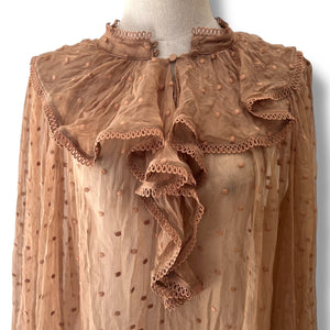 Zimmermann Silk Dot Ruffle Blouse in Rust