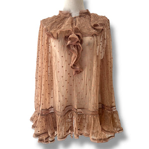 Zimmermann Silk Dot Ruffle Blouse in Rust
