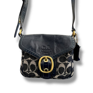 Coach Signature Mini Crossbody – Navy Monogram with Gold Buckle