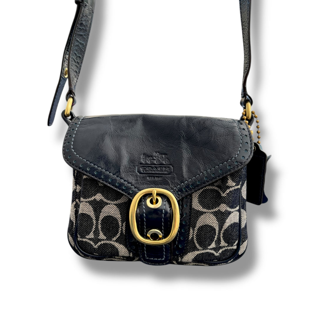 Coach Signature Mini Crossbody – Navy Monogram with Gold Buckle