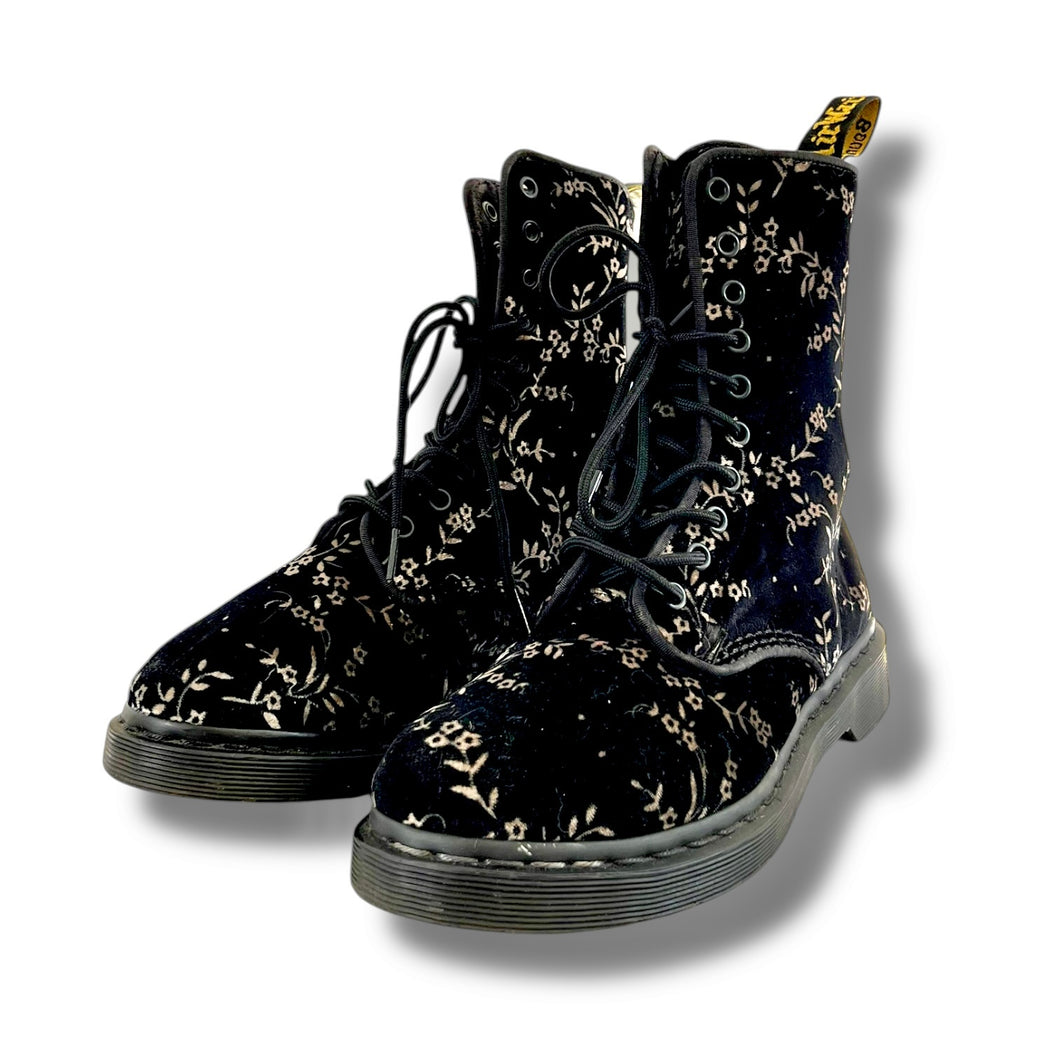 Vintage Doc Martens 1490 10-Eye Boots in Midnight Blue Floral Velvet