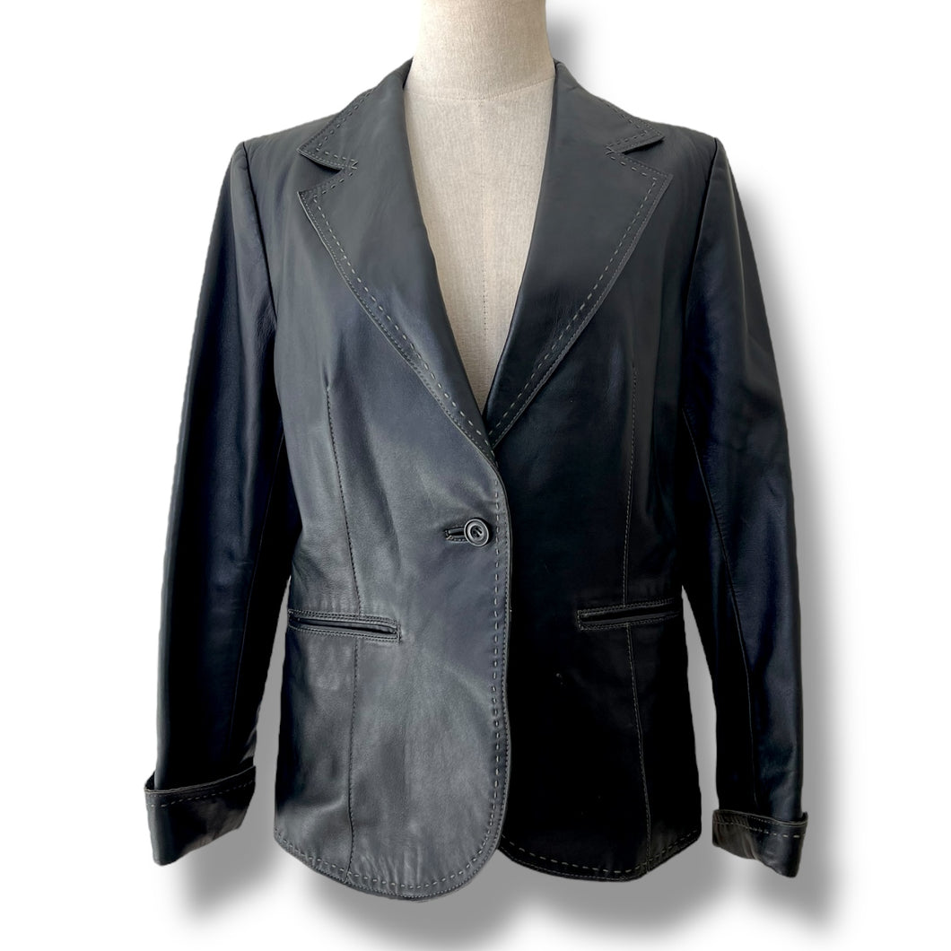 Vintage Balmain Paris Black Leather Blazer with Topstitch Detail