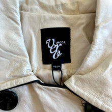 Load image into Gallery viewer, Vero Moda White Pearl Sheen Cropped Leather Jacket with Black Piping – New with Tags
