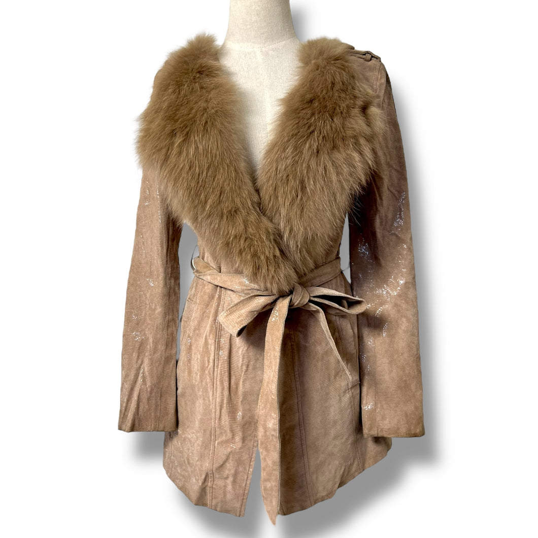 Vero Moda Real Suede Coat with Real Fur Collar and Iridescent Snakeskin Shimmer
