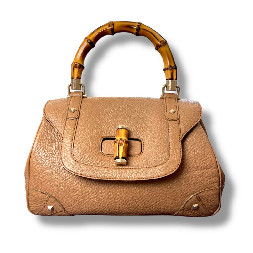 Gucci Bamboo Top Handle Bag in Taupe Pebbled Leather