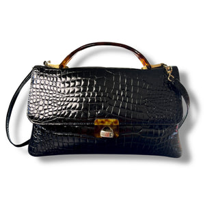 Vintage High-Gloss Croc-Embossed Top Handle Bag with Lucite Details
