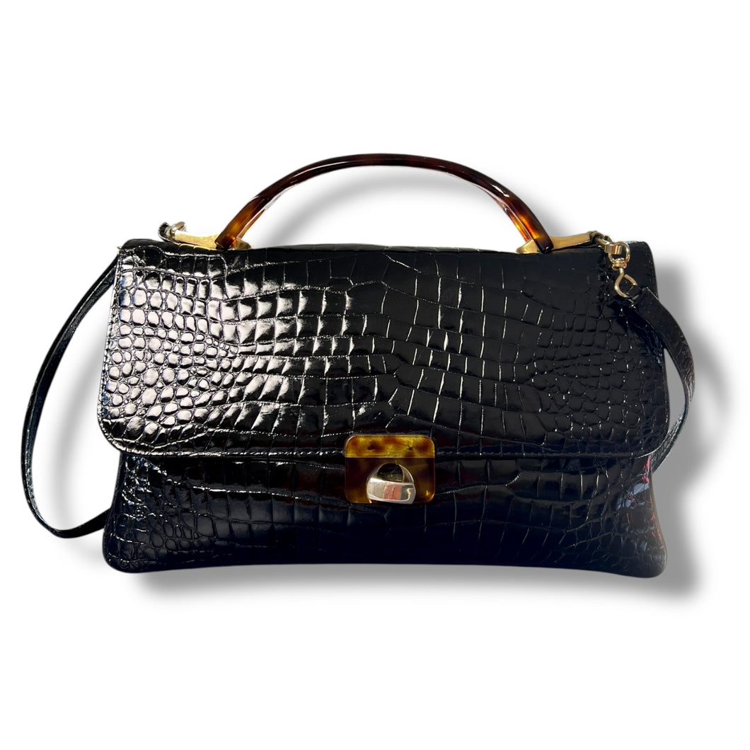 Vintage High-Gloss Croc-Embossed Top Handle Bag with Lucite Details