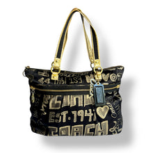 Load image into Gallery viewer, Coach Poppy Glam Black &amp; Gold Tote
