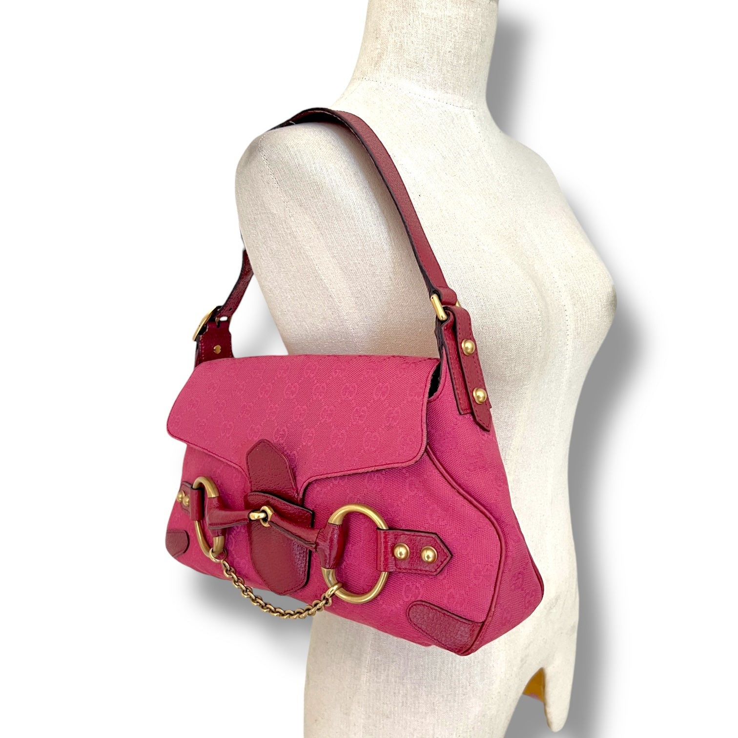 Vintage Gucci GG Canvas Horsebit Shoulder Bag in Pink, Tom Ford