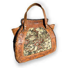 Load image into Gallery viewer, Gorgeous Vintage Tooled Leather and Tapestry Bag
