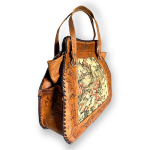 Gorgeous Vintage Tooled Leather and Tapestry Bag