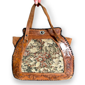 Gorgeous Vintage Tooled Leather and Tapestry Bag