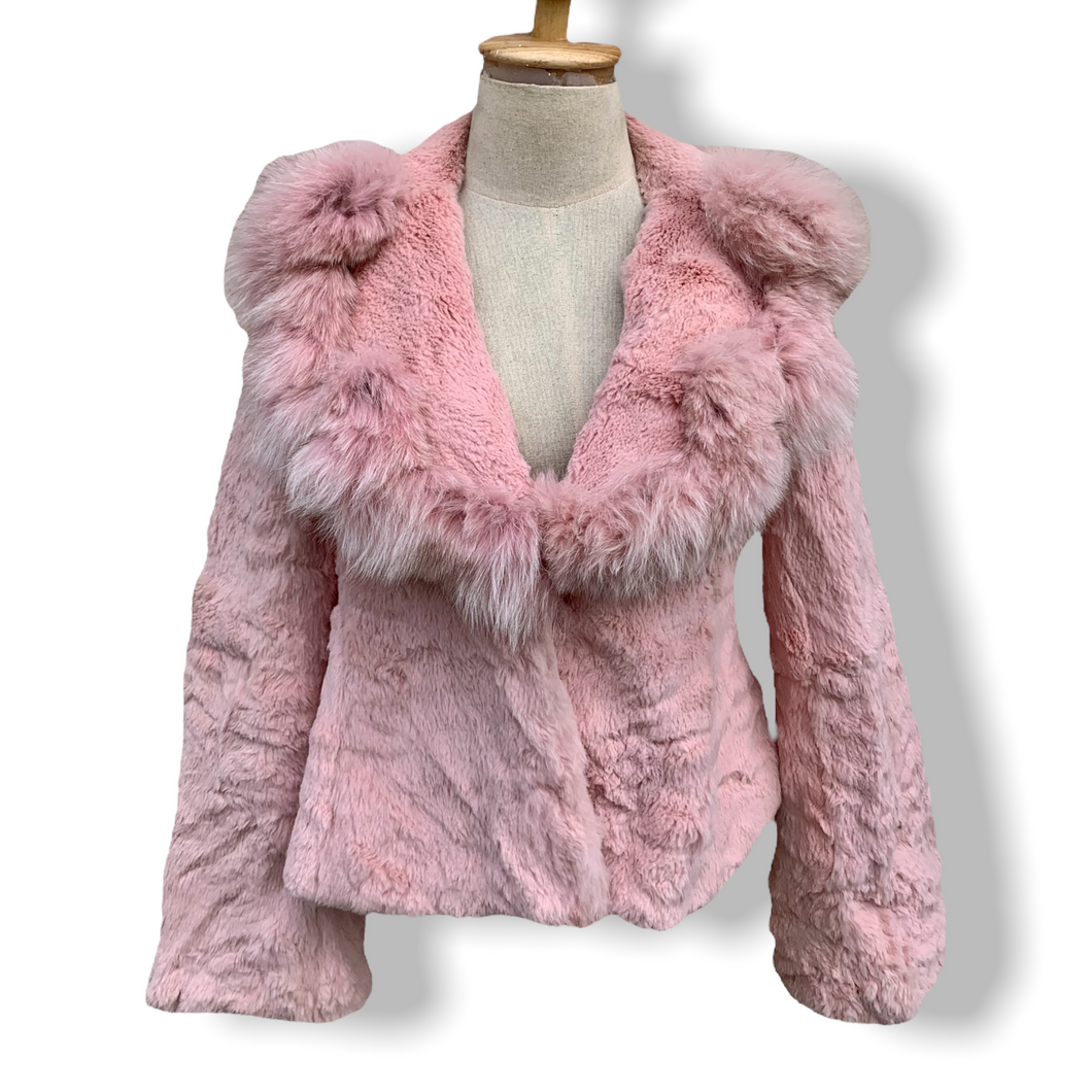 Vintage Blush Pink Rabbit Fur Jacket with Fox Collar