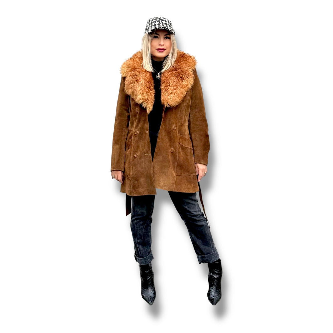 Vintage Suede Coat with Sheepskin Collar – from London