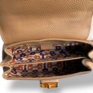 Gucci Bamboo Top Handle Bag in Taupe Pebbled Leather